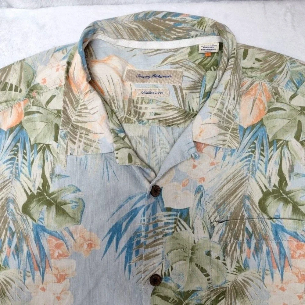 Tommy Bahama Shirt Mens XL Blue Floral Silk Button-Up Short Sleeve Tropical